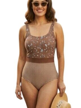 Lands End Scoop Neck Mixed Print One Piece Swimsuit Gingham Floral Brown 14
